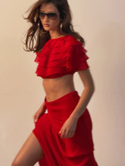 Red Tiered Mesh Crop Top And Maxi Skirt Set