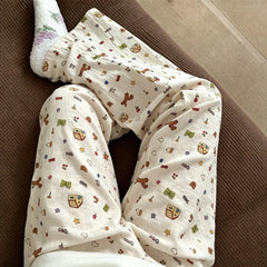 Cute Cartoon Elastic Waist Wide Leg Trousers