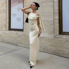 Diagonal Collar Open-shoulder Sleeveless  Solid Maxi Dress