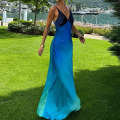 Ombre Satin V Neck Spaghetti Strap Maxi Dress