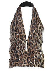 Leopard print halter top with sequins on a white background