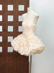 Strapless 3D Flower Appliques Frill Mini Dress