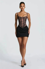 Lace Corset Square Neck Ruched Satin Bodycon Short Dress
