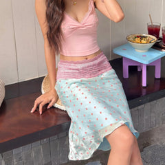 Satin Blue Polka Dot Lace Trim Midi Skirt