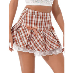 Bow Trim Plaid Ruffle Hem Pleated Mini Skirt