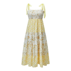 Strappy Tie-Up Smocked Printed Patchwork Maxi Dress