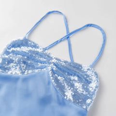 Blue Sequin Spaghetti Strap Mini Dress