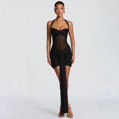Mesh Patchwork Halter Bandage Wrap Bodycon Mini Dress