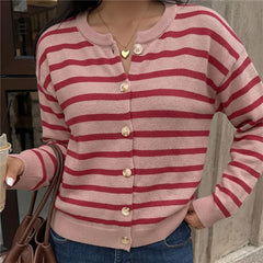 Pink Striped Knit Buttoned Cardigan