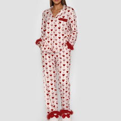Satin Heart Print Fur Trim Long Sleeve Top and Pants Lounge Set
