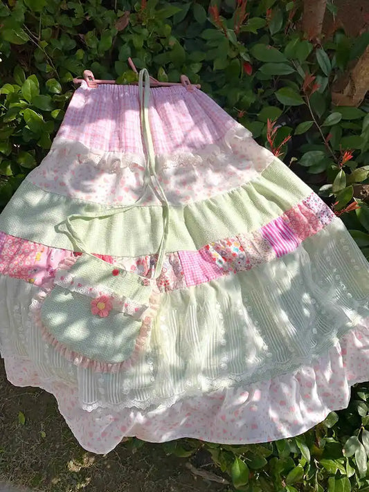 Women's pastel colorful patchwork maxi skirt with A-line silhouette.

