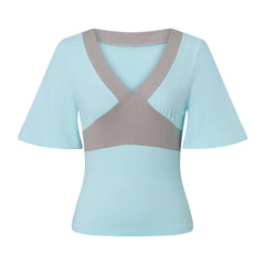 Contrast Colour Cross V-Neck Short Sleeve Crop Top