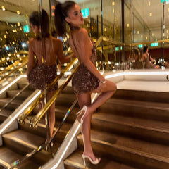 Brown Sequin Mock Neck Open Back Mini Dress