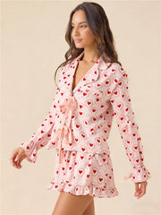 Heart Print with Bow Patterns Shirt  and Ruffled Shorts Set