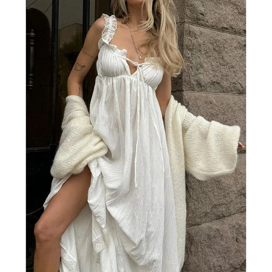White Ruffle Trim Tie-up Square Neck Sleeveless Long Dress