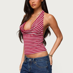 Striped Cowl Neck Halter Top