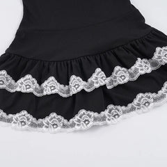 Black Ribbed Lace Trim Strap Mini Dress