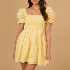 Square Collar Jacquard Puff Sleeve Mini Dress