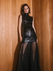 Turtleneck Sequins Patchwork Mesh Long Dress