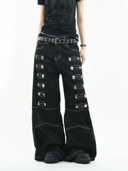 Black Rivet Metal Buckle Embellishment Wide Leg Jeans