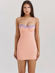 Peach Lace Strap Mesh Bodycon Mini Dress