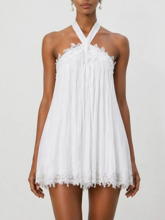 White Halter Strap A-line Mesh Mini Dress