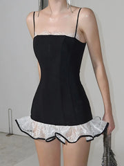 Black Frill Trim Strappy Mini Dress