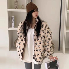 Fur Floral Print Zipper Jacket Free From Label