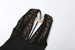 Black Low-Neck Lace Patchwork High Split Maxi Dress
