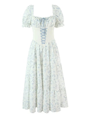 Blue Printed Corset Lace Up Puff Sleeve Maxi Dress