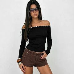 Long Sleeve Button Trim Off-shoulder Top