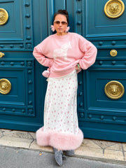 Floral Print Satin Faux Fur Trim Midi Skirt
