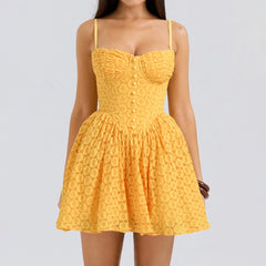 Yellow Strap Jacquard Lace Mini Dress