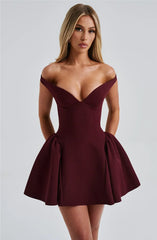  Women's burgundy off-the-shoulder dress.