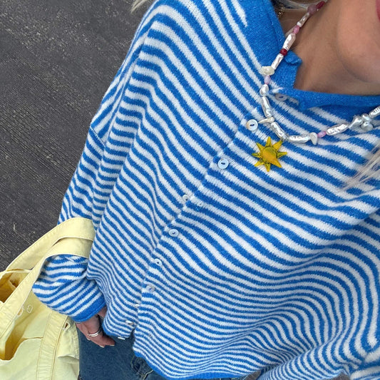 Striped  Crew Neck Open Front Button Down Cardigan