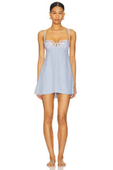 Blue Embroidery Lace Strap Babydoll Mini Dress