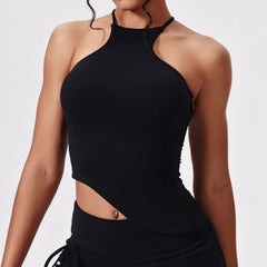 Black halter top worn by a person  close-up