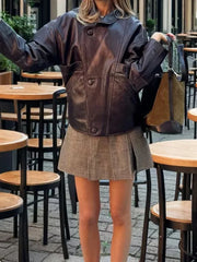 Brown Pu Leather Lapel Button Spliced Pocket Jacket