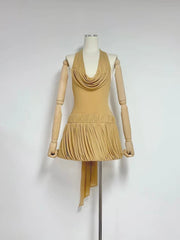 Halter Neck Folds Draped Pleated Hem Mini Dress
