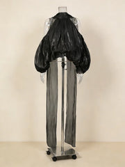 Stand Collar  Off The Shoulder Cut Ribion Blouse