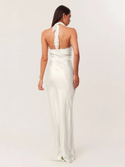 White Satin Lace Patchwork Halter Long Dress