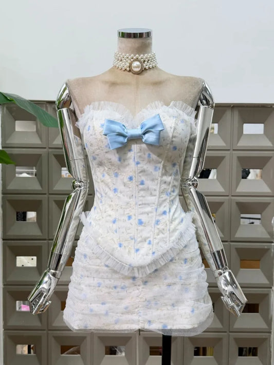Floral Strapless Lace Ruffle Corset Top And Skirt Set