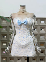 Floral Strapless Lace Ruffle Corset Top And High Waist Bodycon Skirt Set