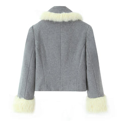 Grey Button Up Fur Trim Collar Crop Jacket And Shorts Set