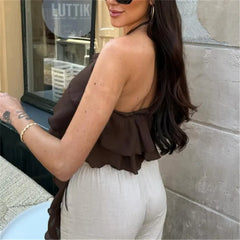 Tie-Up Halter Neck Ruffles Crop Top