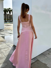 Pink Square Neck Straps Satin Patchwork Maxi Dress
