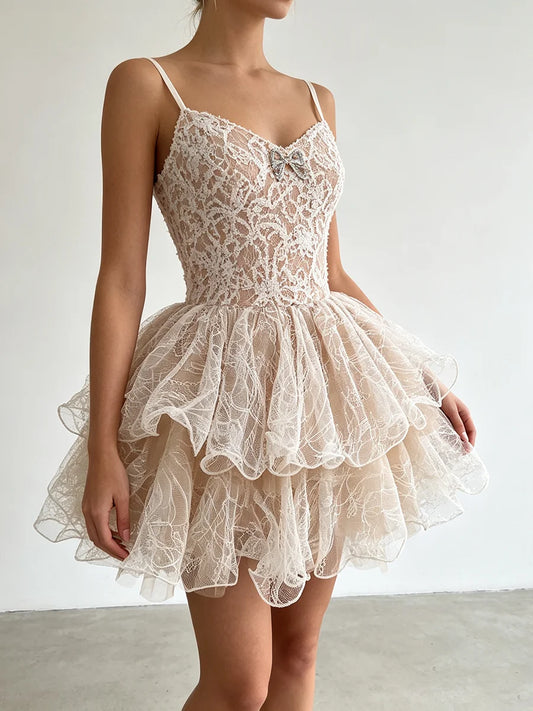 Lace Embroidered Ruffle Tiered Cami Mini Dress
