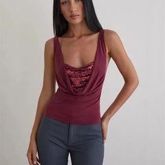 Sequin Draped Cowl Neck Tank Top