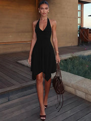 Halter V‑Neck Twist Backless Irregular Hem Mini Dress