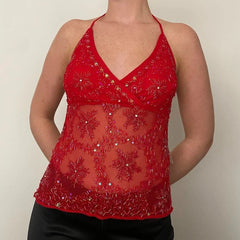 Sequin Mesh Embroidered Open Back Top